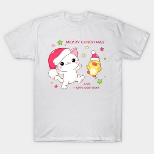 Funny Christmas Gifts friends kitten and duck In santa hats T-Shirt